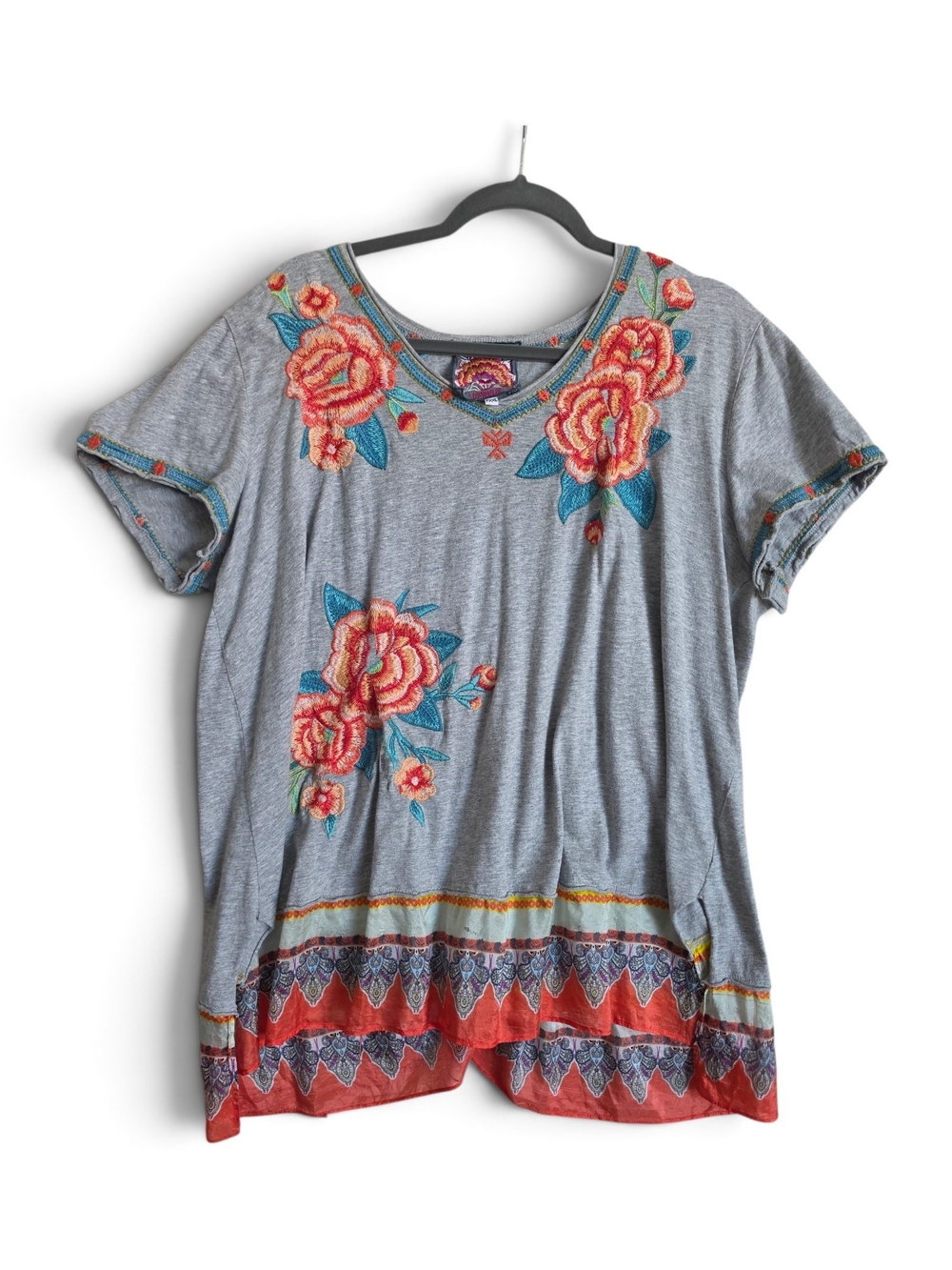 Johnny Was Gray Tee with Coral Floral Embroidery and Teal Accents